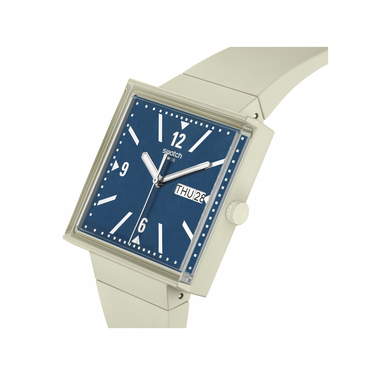 Montre SWATCH Square bioceramic What if beige? homme bracelet matériau biosourcé beige