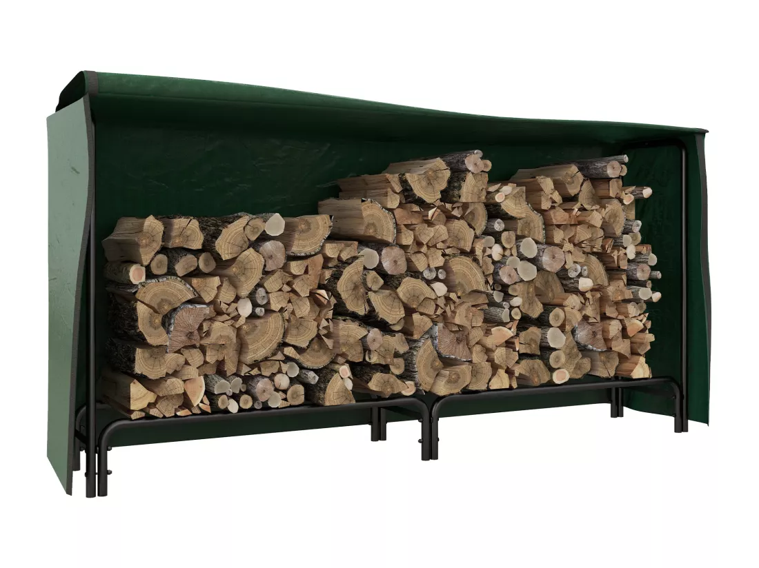 Porte-bûches - range-bûches - dim. 200L x 36l x 99H cm - housse incluse verte - métal noir