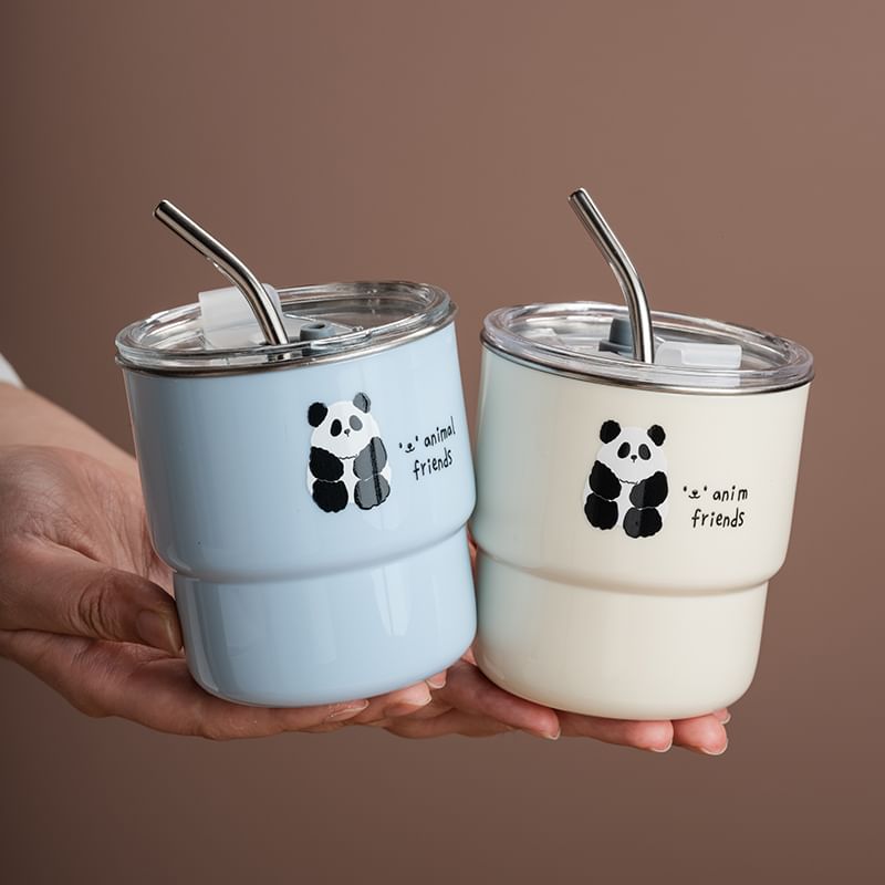 Koringa - Panda RVS drinkfles met rietje