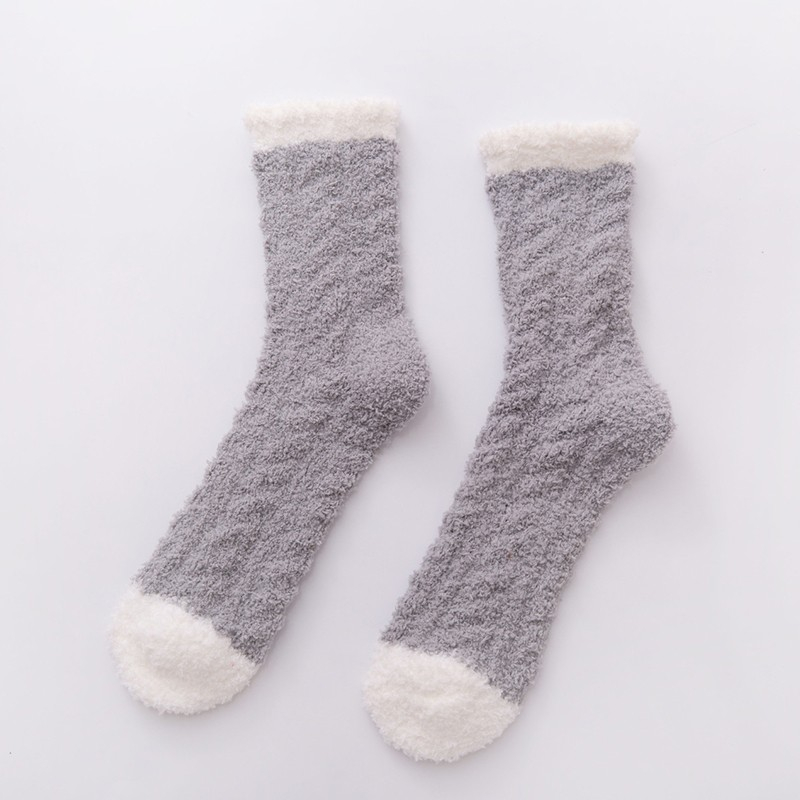 (1 Paar) Damen Kuschel Socken Wintersocken Füsslinge Flauschige Bettsocken (One Size) - Grau / Weiss