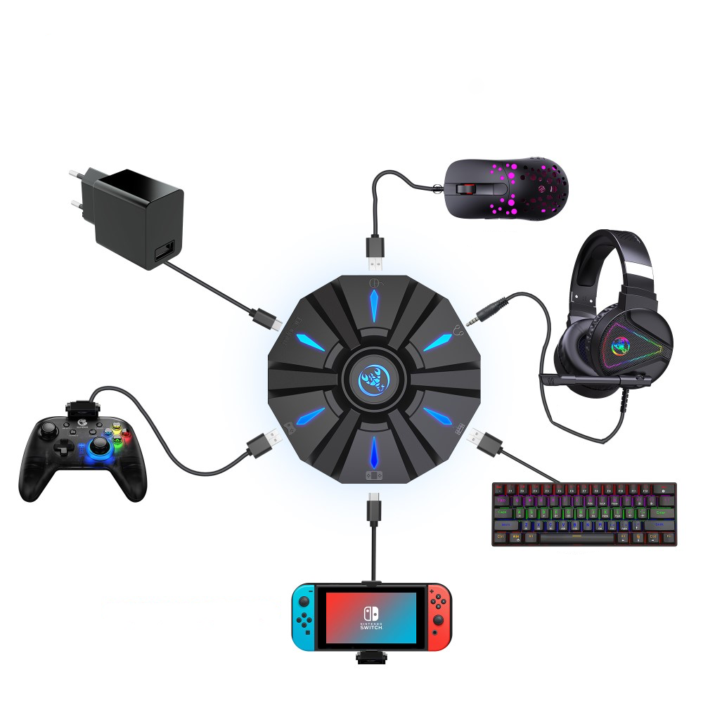 Tastatur und Maus Adapter mit 3x USB A / USB C / USB C und 3.5mm Klinke für PlayStation PS5 / PS4 / PS3 / Xbox / Nintendo Switch - Schwarz