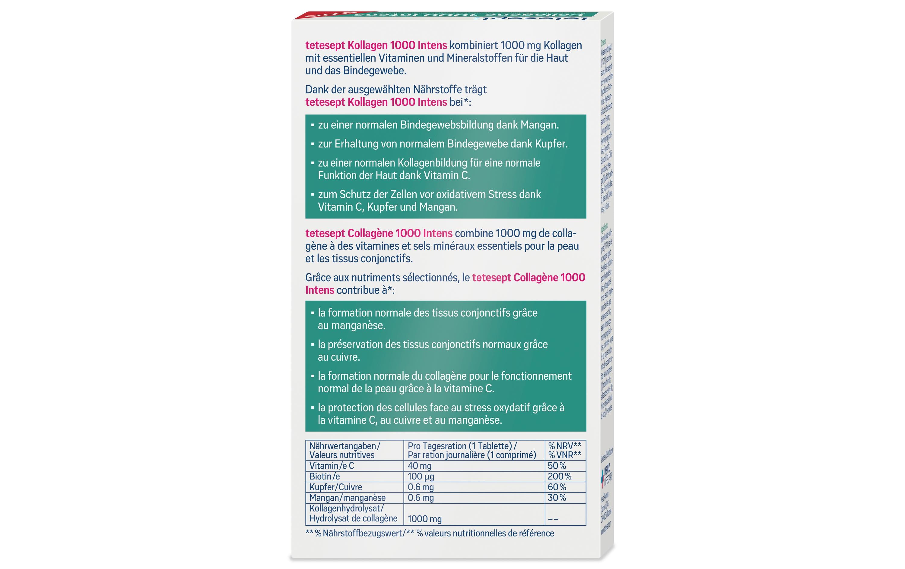 tetesept Kollagen 1000 Intens 30 TablettenNahrungsergänzungsmittel mit Kollagen, Vitamin C, Biotin, Kupfer und Mangan