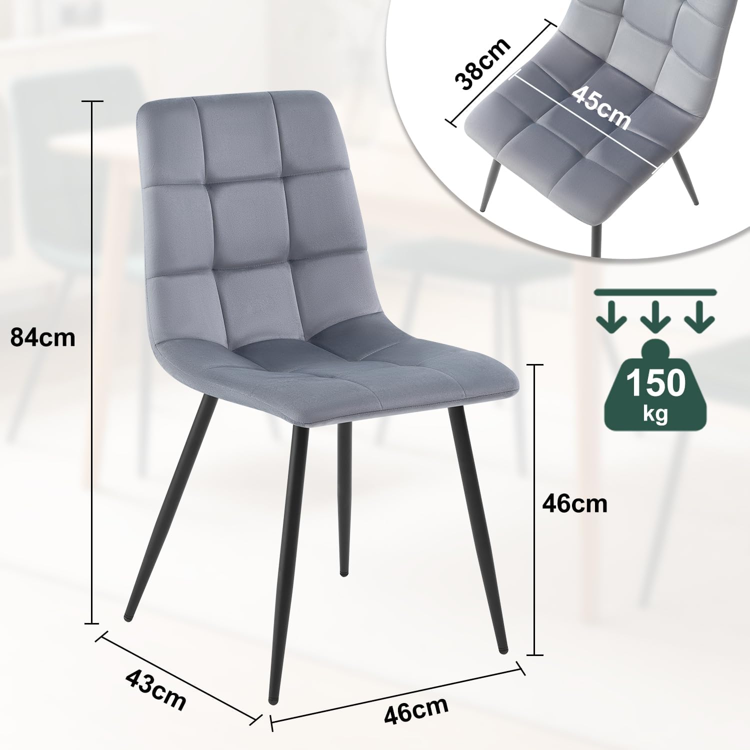 DUMOS Esszimmerstühle 4er Set, für Wohnzimmer Küche Esszimmer, Küchenstühle Gepolstert mit Rückenlehne, Sitzfläche aus Samt, Polsterstuhl mit Metallbeinen, bis 150 kg Belastbar, Dunkelgrau