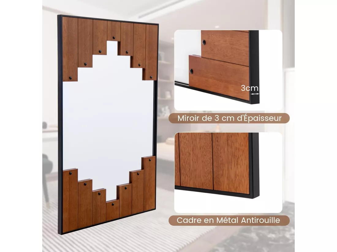 Miroir mural rustique 60 x 95 cm, miroir décoratif en forme de touches de piano, naturel