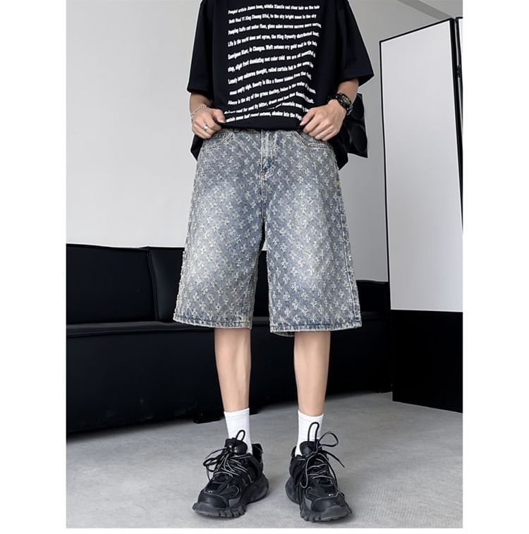 Hushgrain - Mid Rise Jacquard Washed Wide Leg Denim Shorts