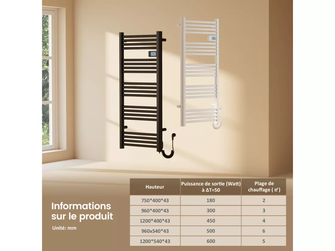 EMKE Sèche-Serviettes Électrique 960 x 400 mm, Porte-serviettes de salle de bain électrique avec interrupteur tactile et minuterie, Noir, 300W