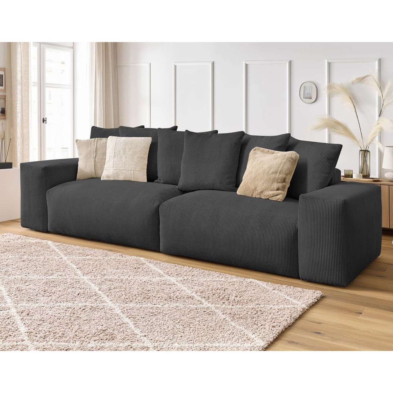 Bobochic Canapé 4 places moelleux voltaire velours côtelé gris foncé - 320x124x75 cm
