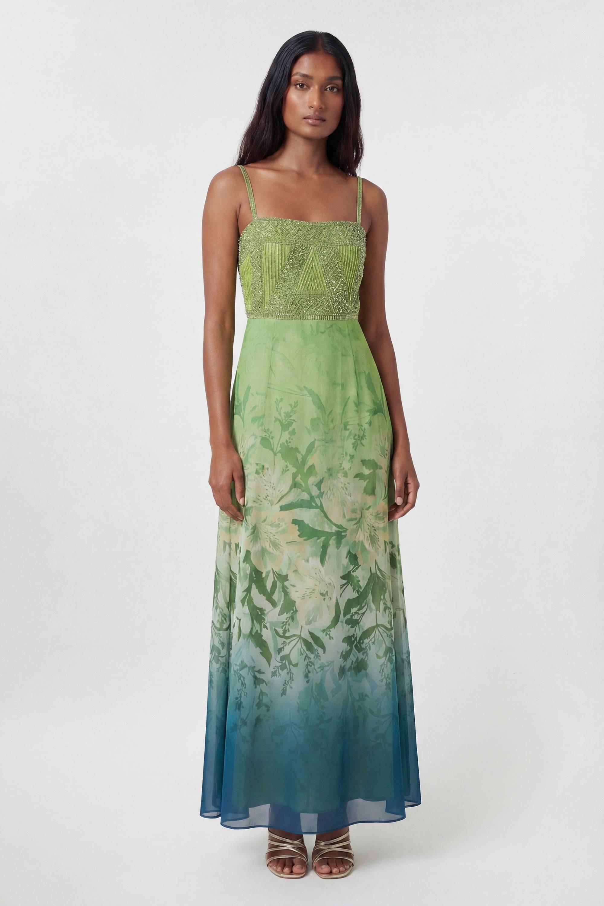 KarenMillen Robe Maxi Bandeau Plissée Tissée À Fleurs Ombrées Et Ornements Petite