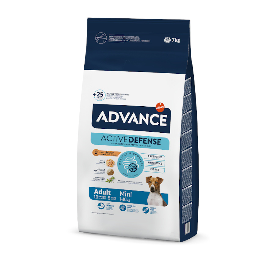 Ração Advance Active Defense Mini Adult para cães, sabor frango e arroz.