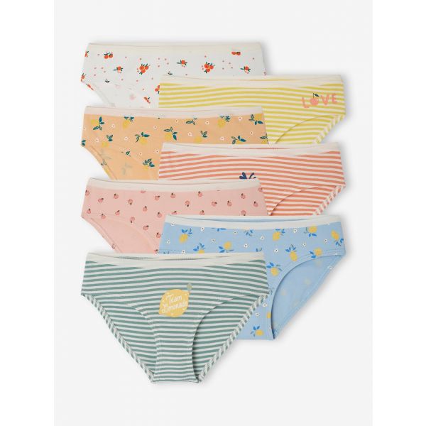 Vertbaudet Lote de 7 Cuecas, Frutos de Verão, em Algodão Bio Menina Coral, 2A