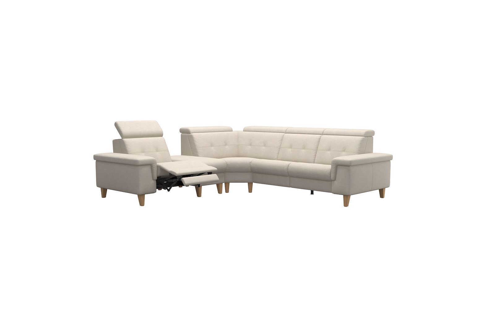 Anna C12 hjørnesofa (PCenterCMM) Tekstil Daisy Sand med A2 arm og eikbeisede skrå ben, 14 cm. (Power-Center-CornerManual-Manual)