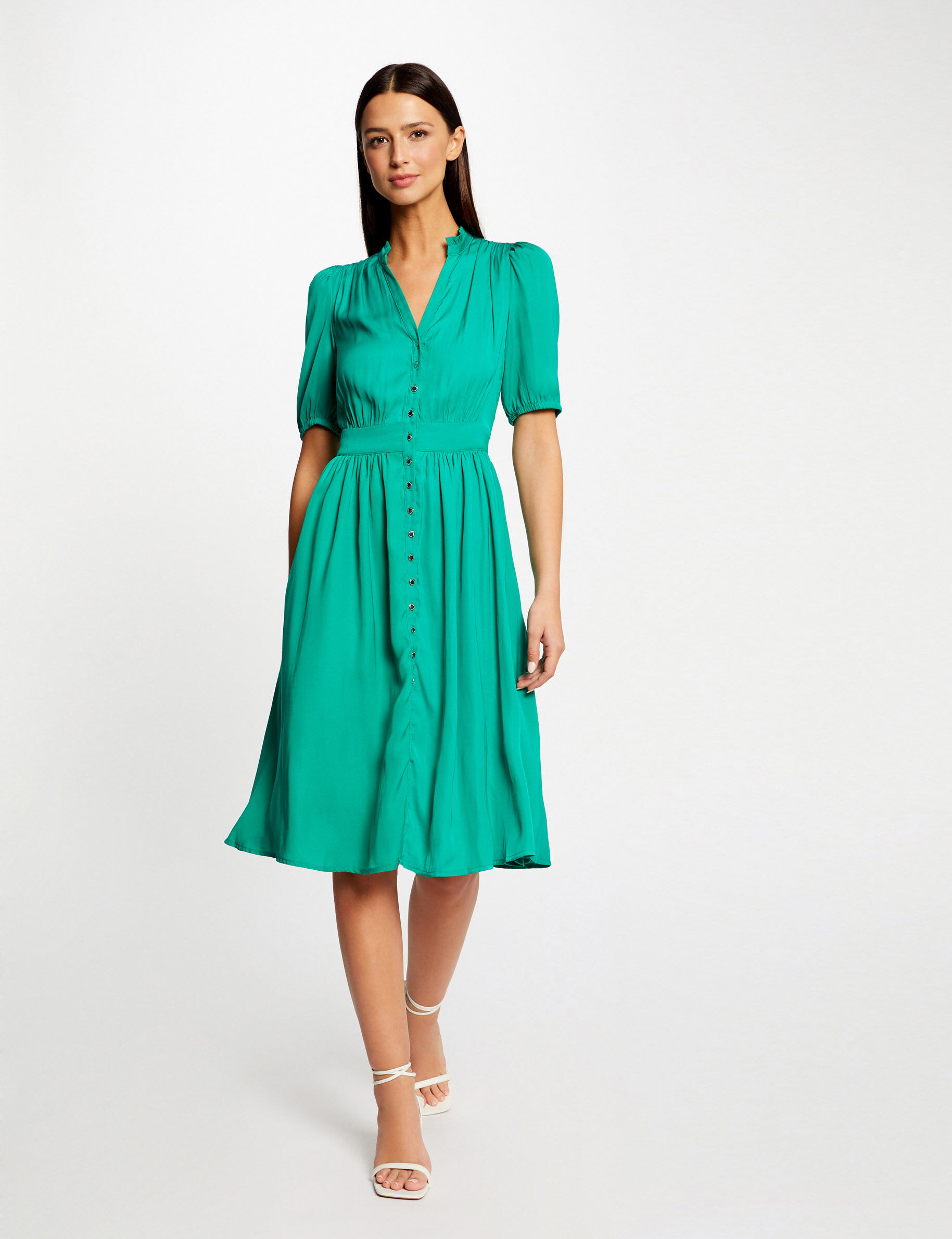 Robe manches 3/4 boutonnée à l\'avant vert moyen femme - vert_moyen
