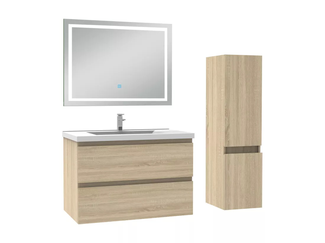 Ensemble meuble salle de Bain 80cm simple vasque avec colonne et miroir 3 couleurs Chêne Wotan