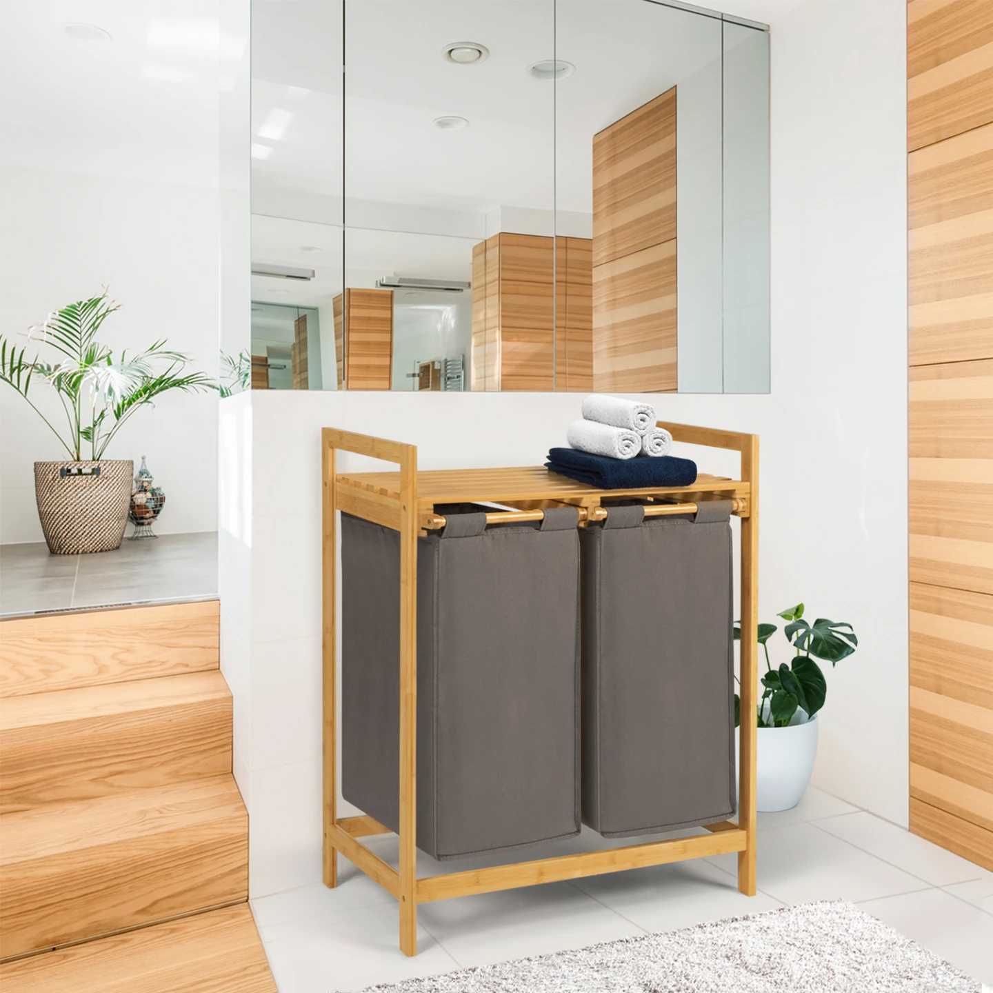 Panier à linge 2 bacs bambou BEA tissu gris foncé