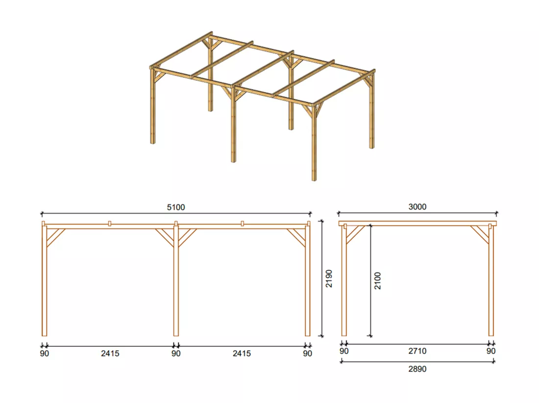 Carport pergola simple autoporté en bois traité - 1 voiture - 15 m² - ACHILLE