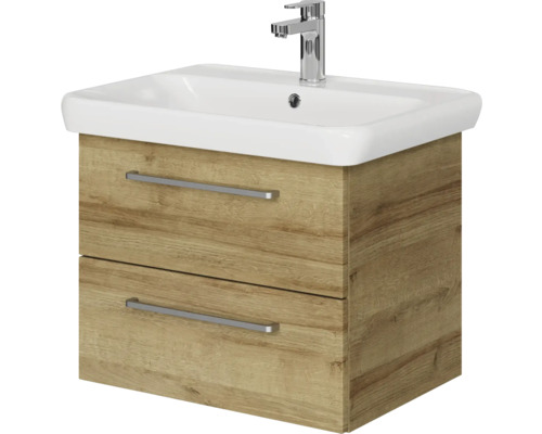 Pelipal Sunline 105 badkamermeubelset (B x H x D 69 x 200 x 48,5 cm), frontkleur: Riviera Oak, met keramische wastafel, badmeubel en spiegelkast met LED-verlichting