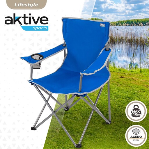 Cadeira de camping dobrável Aktive com porta-copos, azul
