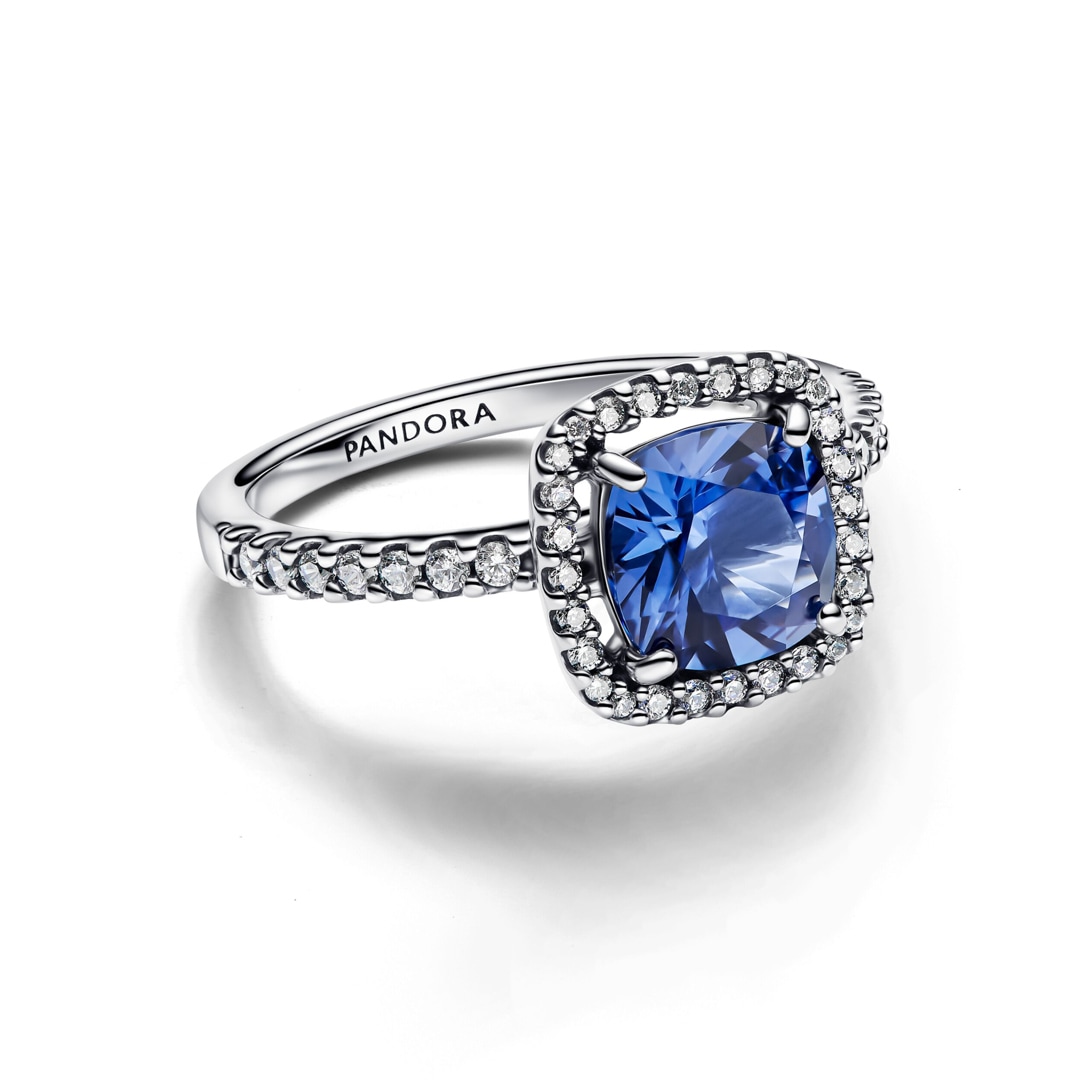 Pandora Timeless Funkelnder Eckiger Blauer Strahlenkranz Statement-Ring 925 Silber