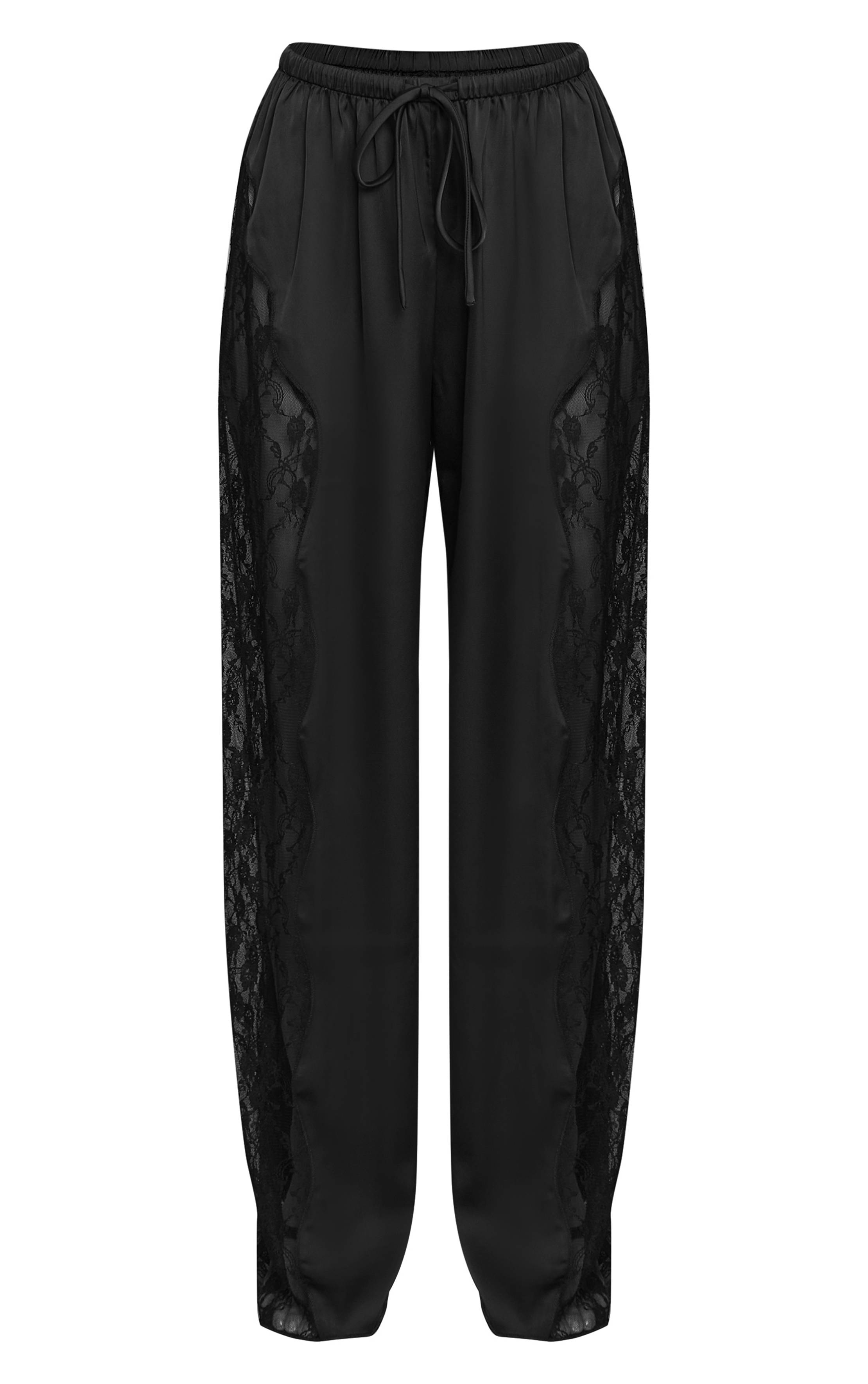 Noir Pantalon En Satin À Lacets Avec Cordon De Serrage