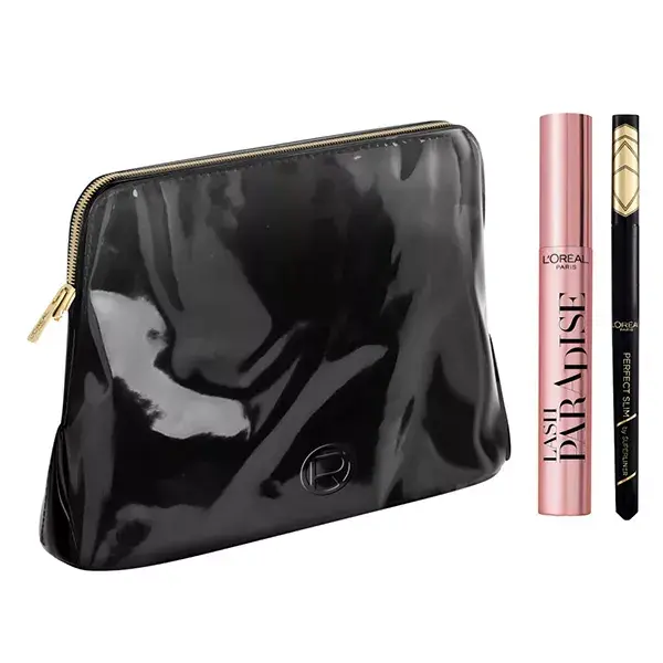 Kit de máscara para cílios Lash Paradise da L'Oréal Paris na cor preta e delineador Perfect Slim.