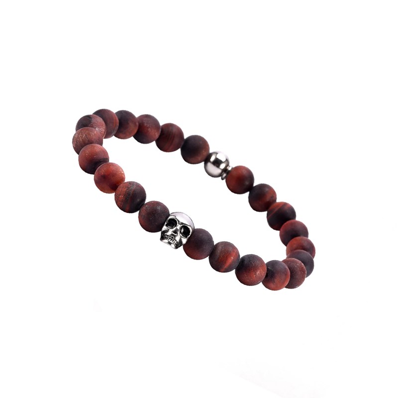 Bracelet Boules oeil De Tigre Rouge oeil De Taureau Pierres Naturelles Tête De Mort-Medium-18cm
