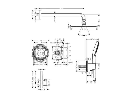 Colonne de douche thermostatique encastrée HANSGROHE ShowerSelect S chromé + nettoyant Briochin