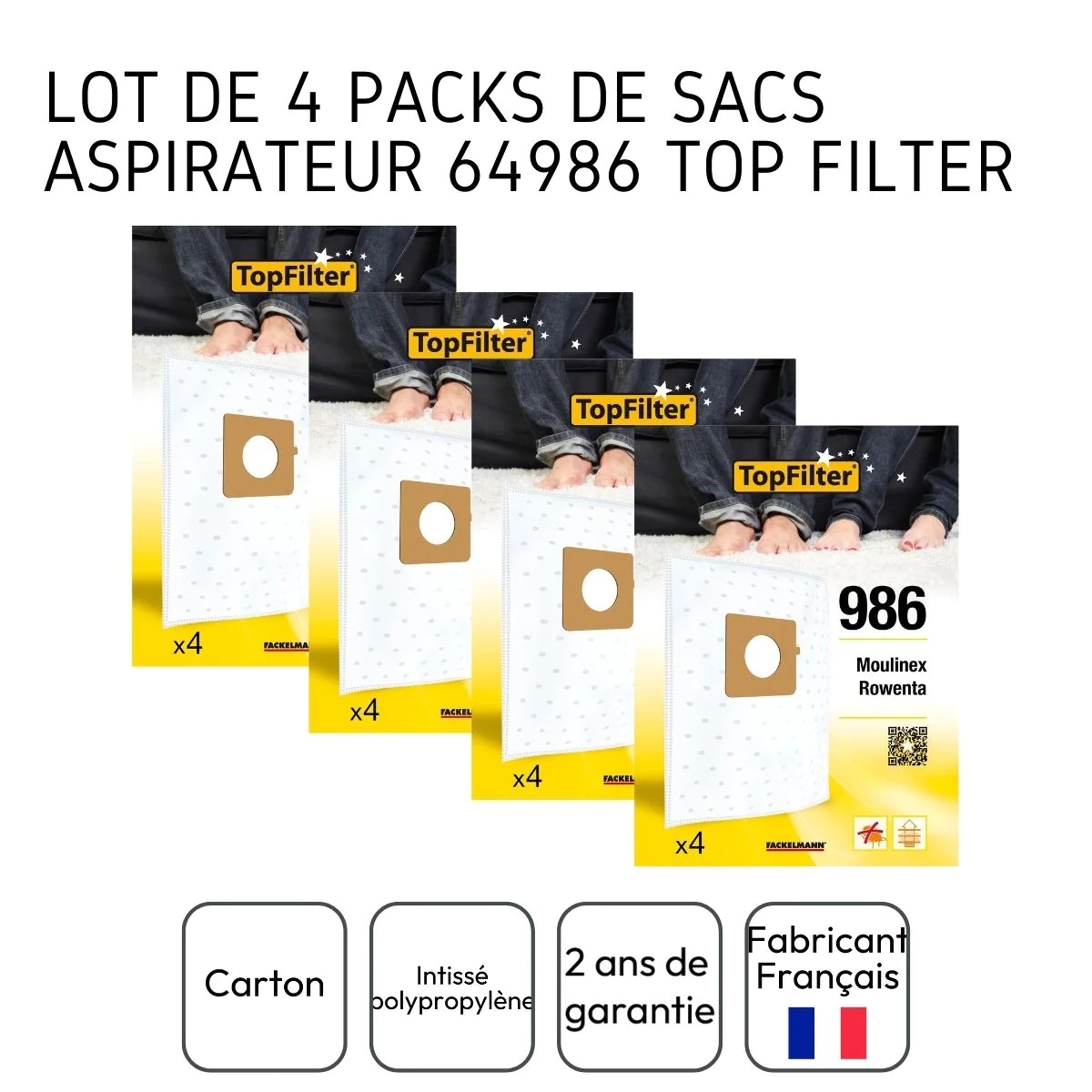 Lot de 4 packs de 4 sacs aspirateur 64986 pour Rowenta et Moulinex Pre