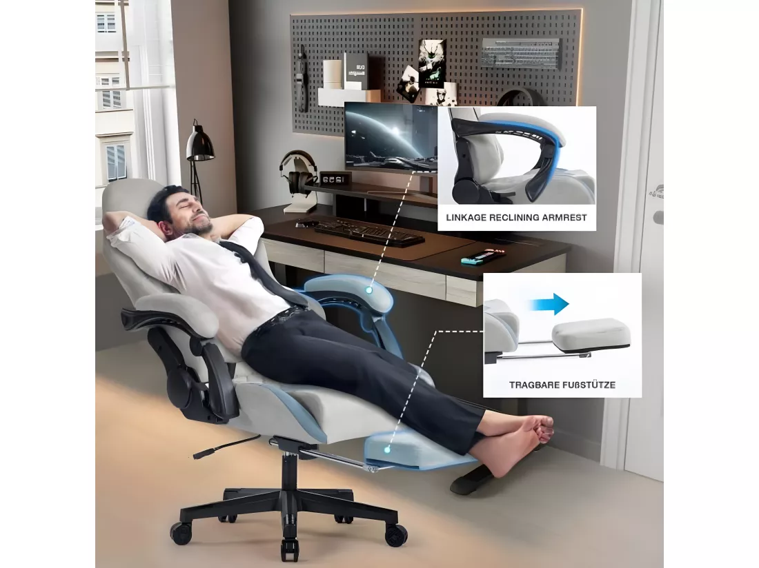 Chaise de jeu avec repose-pieds, chaise de bureau en tissu gris