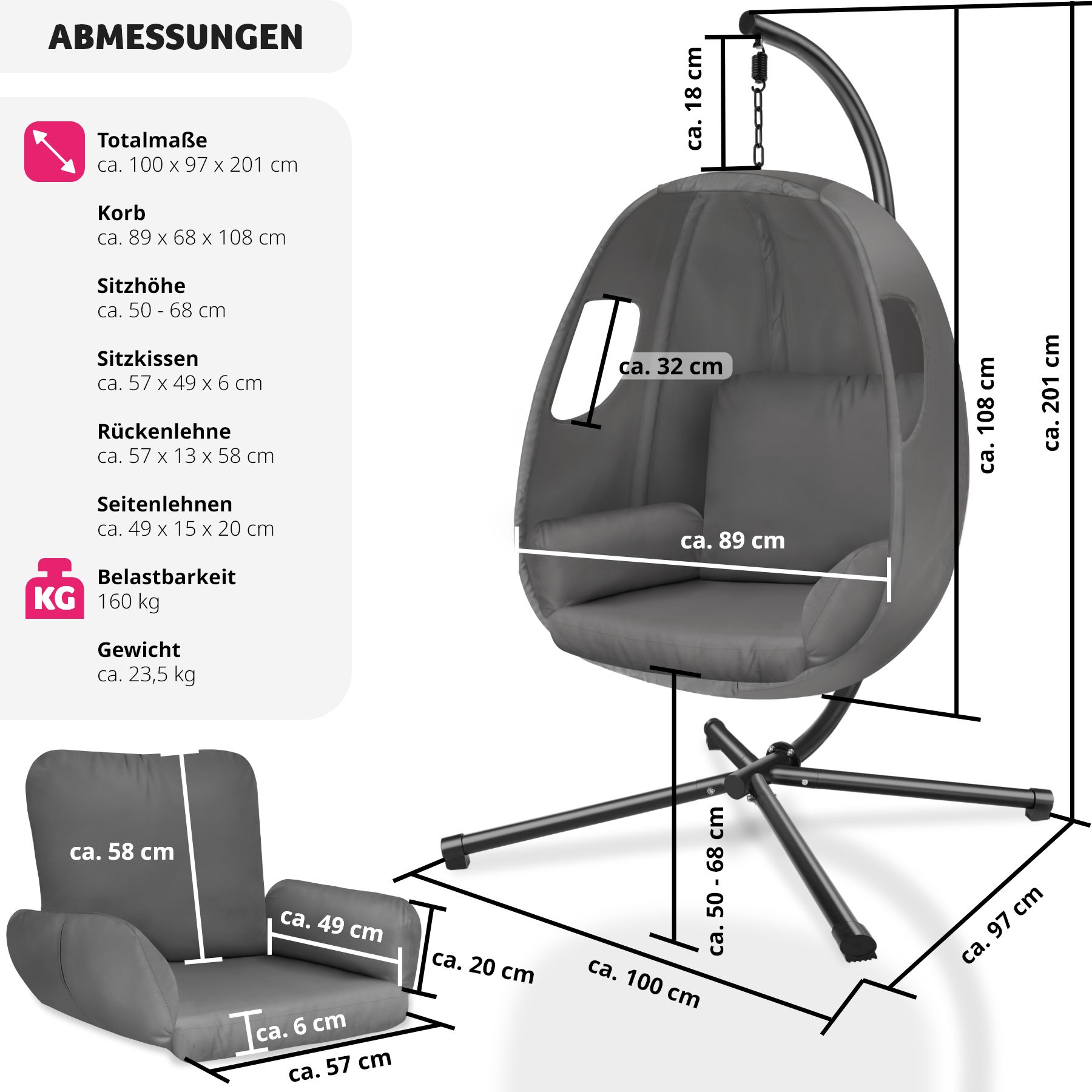 tectake® Hängesessel, mit extra dickem Sitzkissen, 360° drehbar, Belastbarkeit 160 kg, inklusive Schutzhülle, 100 x 97 x 201 cm