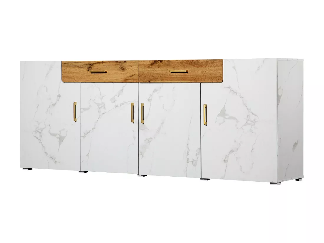 Buffet blanc effet marbre 4 portes 2 tiroirs 208x39,5x80cm ELAD