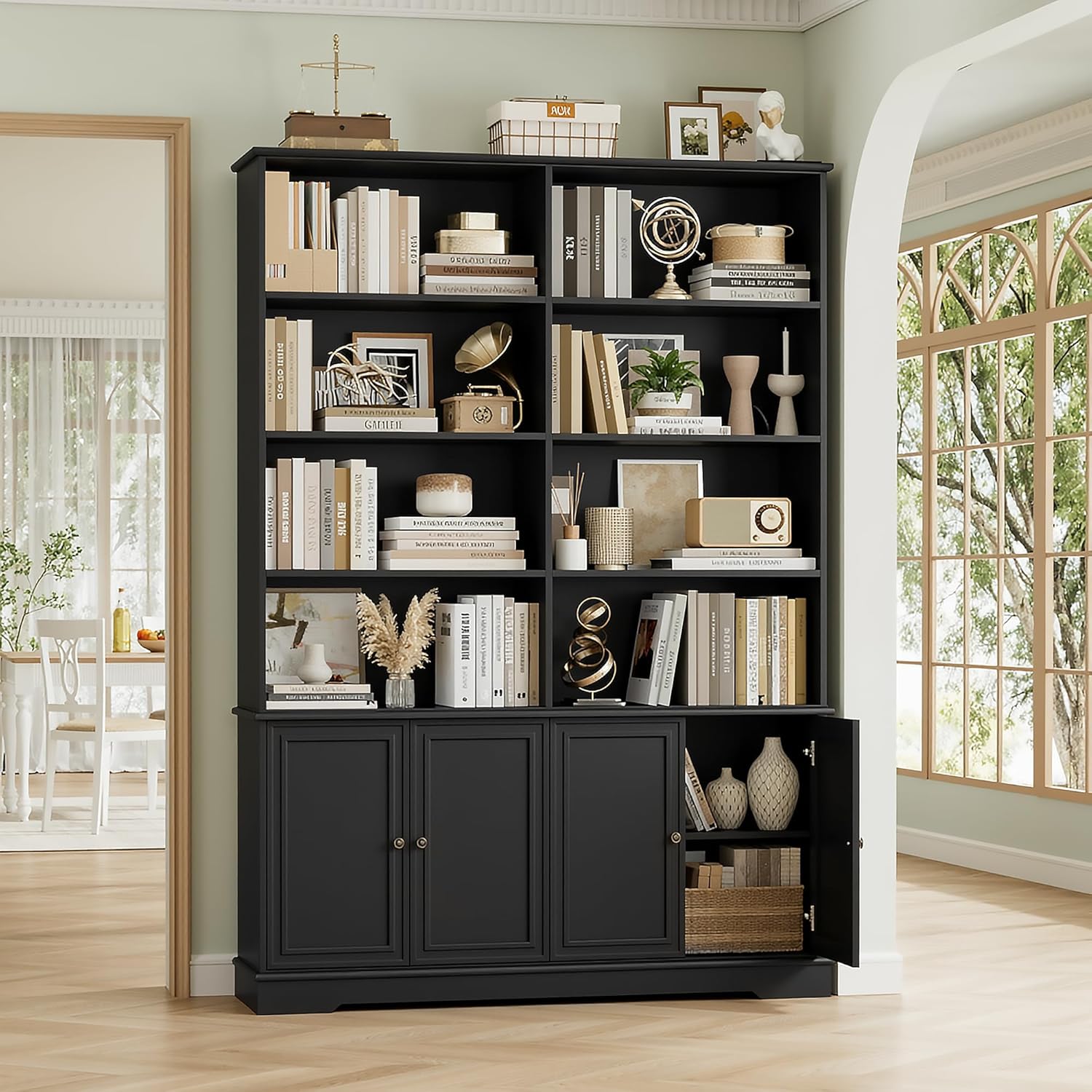 FirFurd 185cm Bücherregal mit Türen Bücherschrank mit 12 Fächern Vitrinenschrank aus Holz Hochschrank Regal mit Türen für Wohnzimmer Arbeitszimmer Büro Küche 185 x 27 x 120cm Schwarz