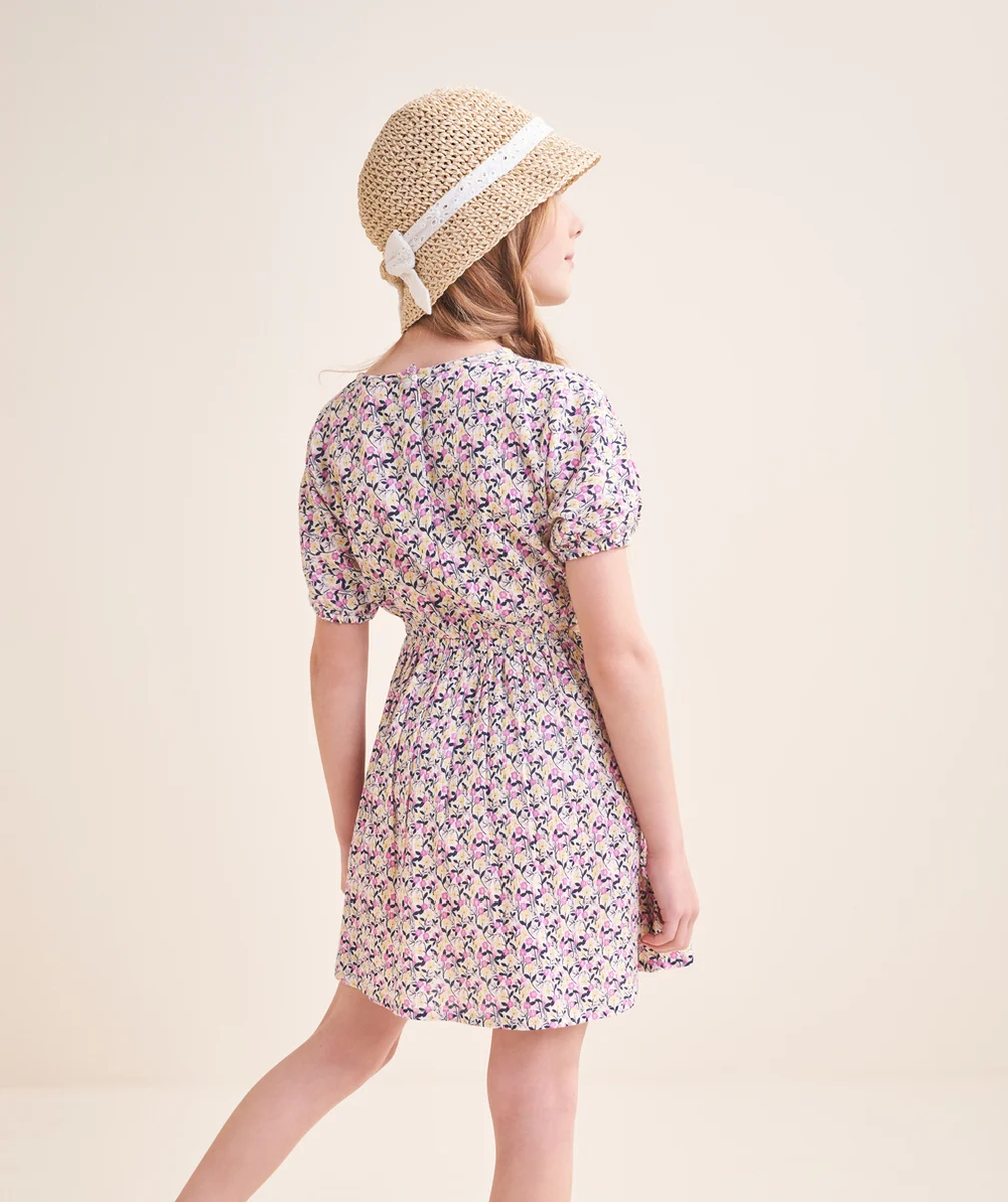 ROBE MANCHES COURTES FILLE EN COTON IMPRIMÉ FLEURI AVEC OUVERTURES