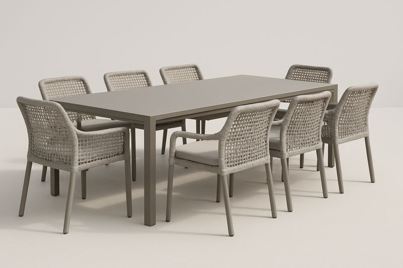Esstisch Set rechteckig Aluminium Tisch Seilgeflecht Stühle Grau 9-teilig