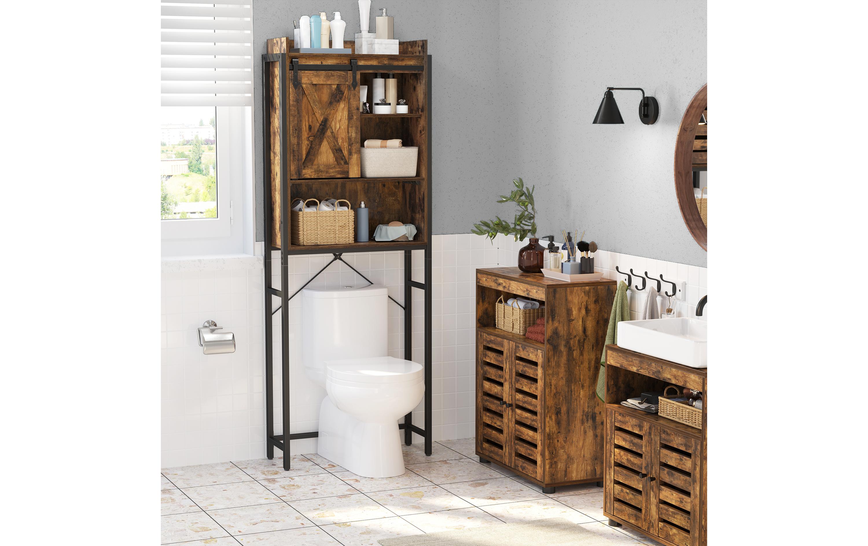 Badezimmerregal mit Schrank 64 x 24 x 171 cm, Braun/SchwarzToilettenregal