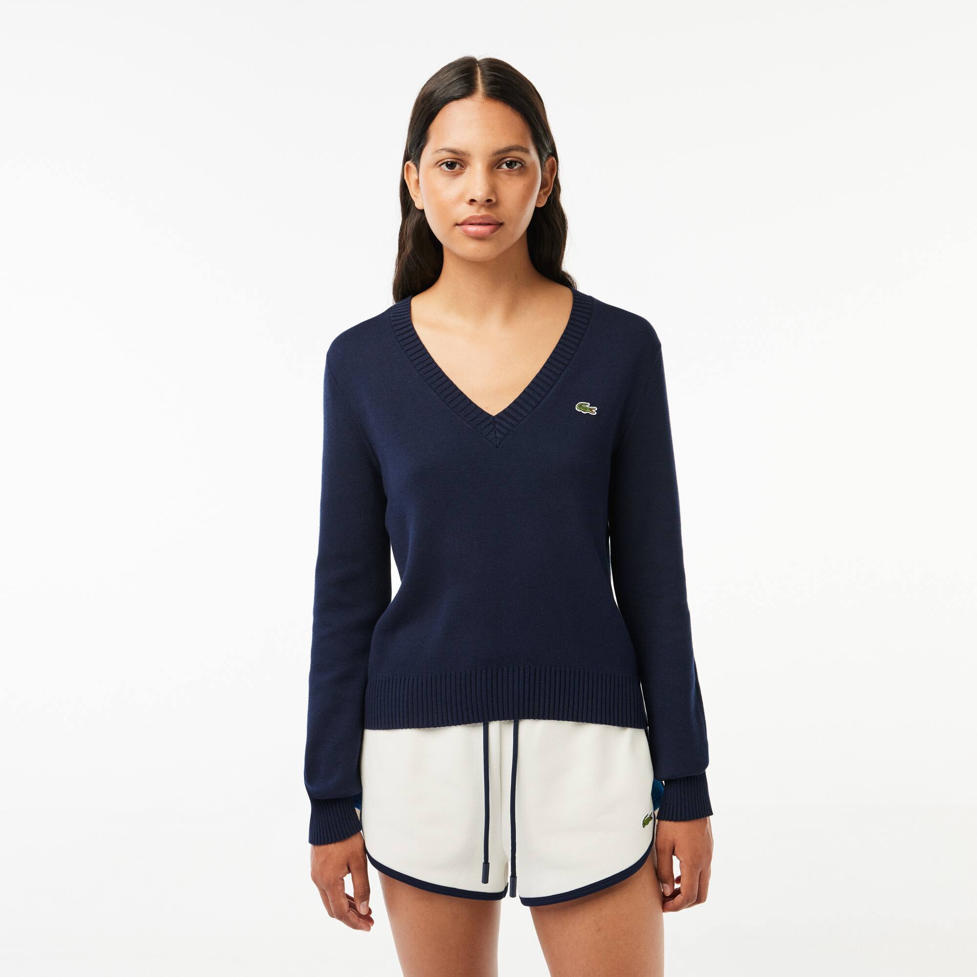 Pull col V en double face de coton Pullovers - Bleu - Lacoste - Femme