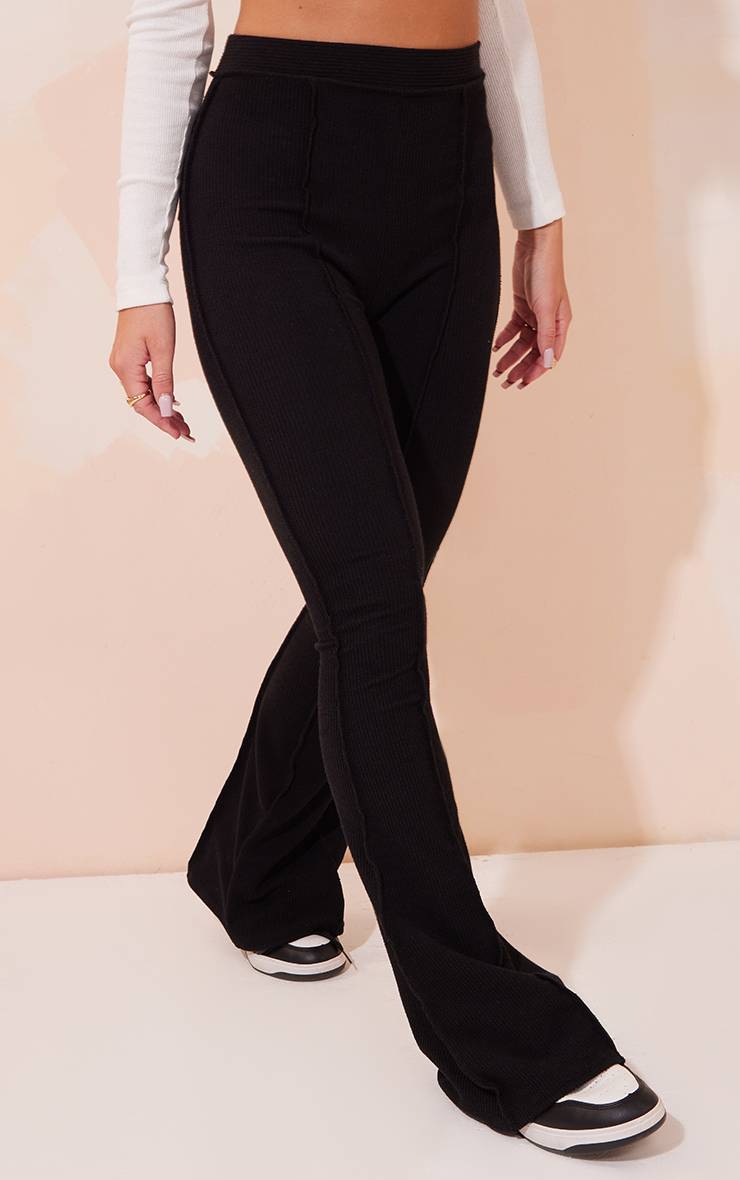 Noir Pantalon Évasé Côtelé Taille Haute Avec Détails De Coutures