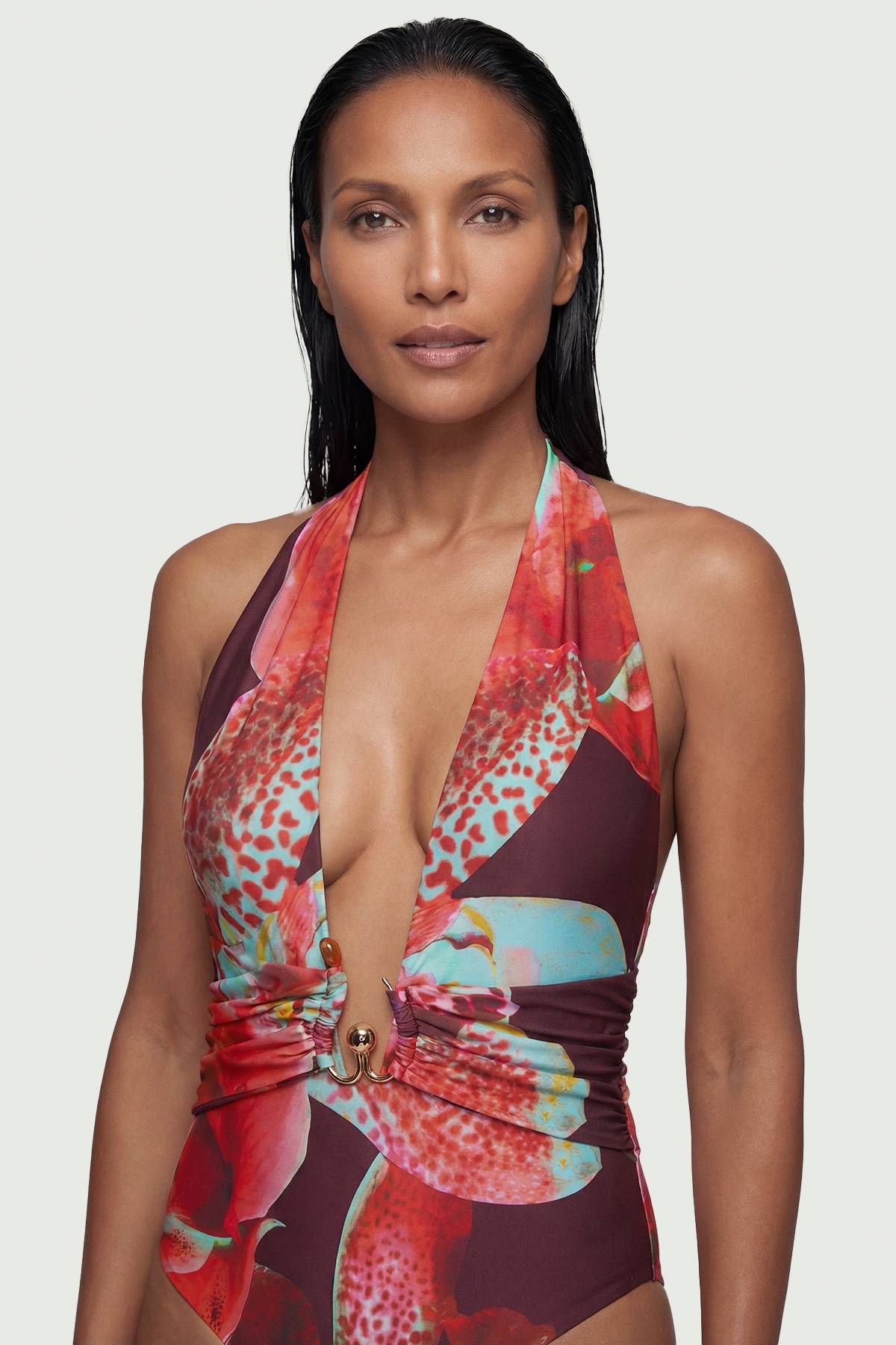 KarenMillen Maillot de Bain Décolleté à Imprimé Floral Photographique avec Détail en Strass