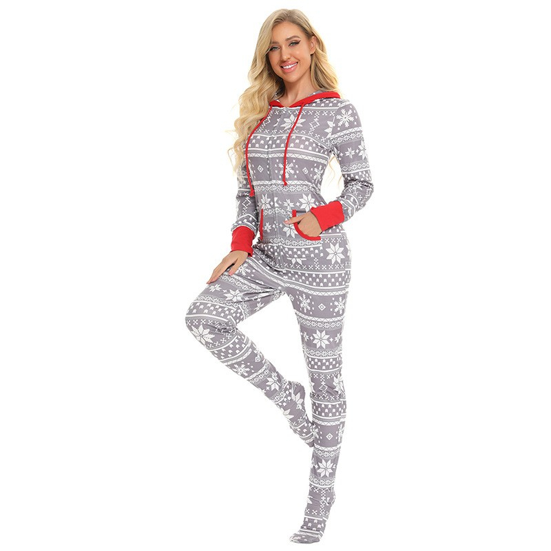 (Gr. XL) Damen Christmas Pyjama Overall Winter Jumpsuit mit Kapuze - Grau / Weiss / Rot