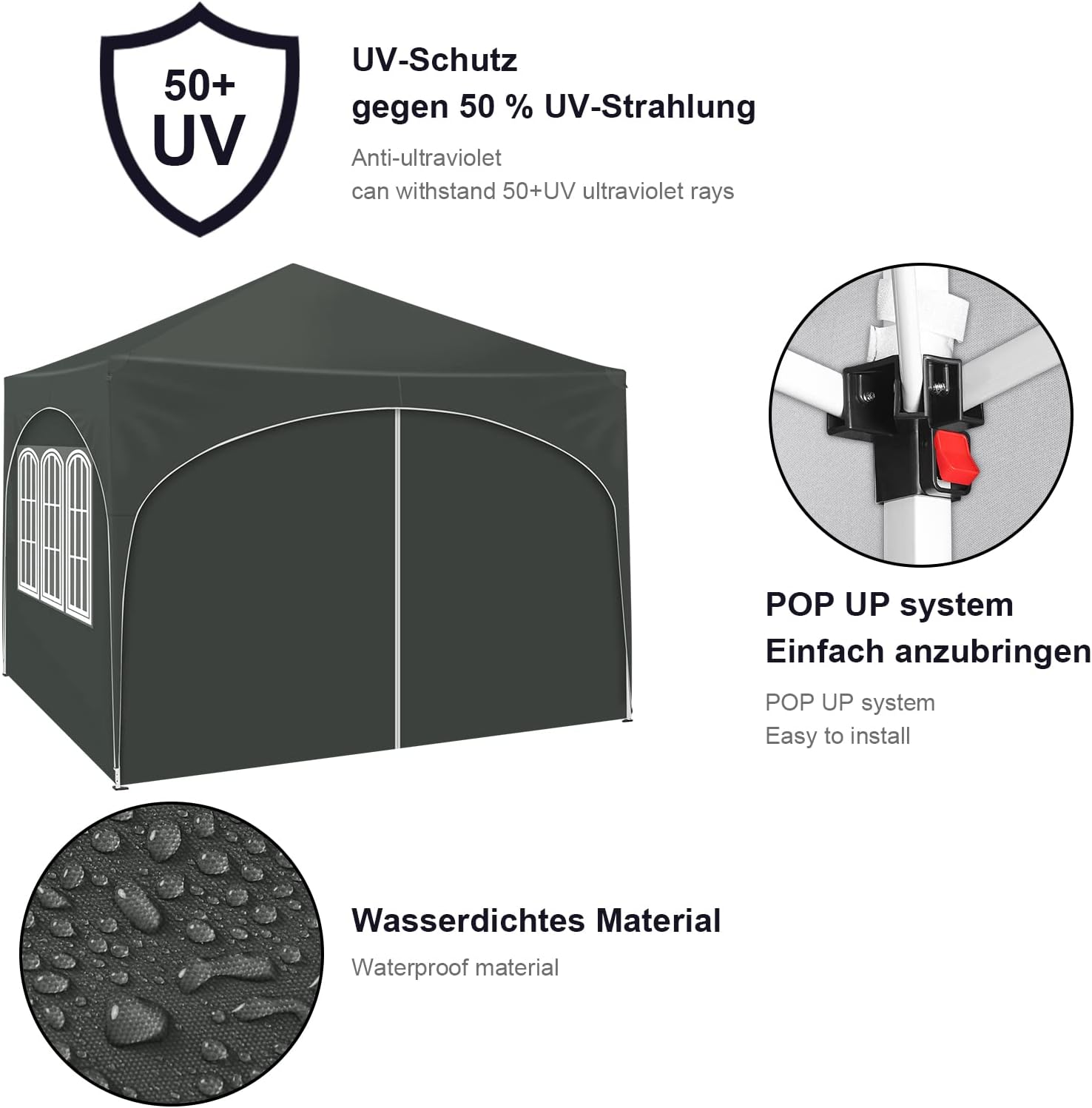 WOLTU Pavillon, Faltpavillon 3x3 m, mit 4 Seitenwänden, Partyzelt wasserabweisend UV-Schutz 50+, höhenverstellbarer Gartenpavillon, mit Tragetasche, für Outdoor Garten Camping Grau
