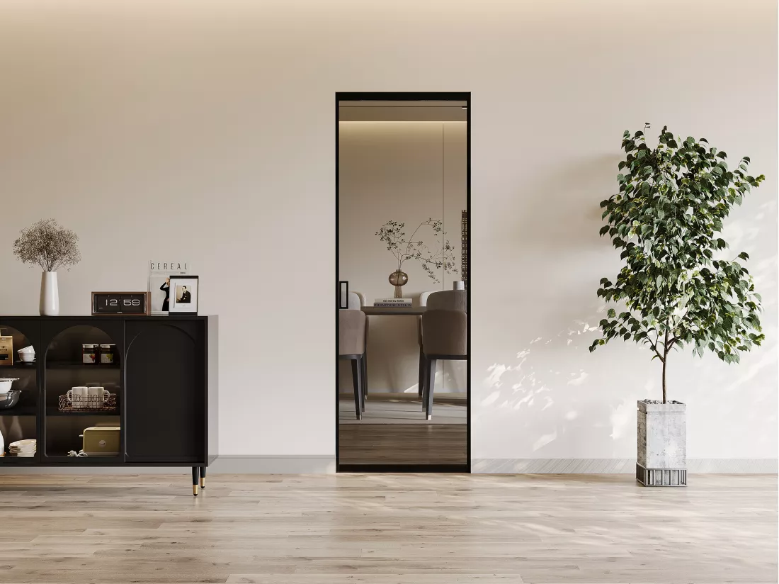 Porte coulissante avec système à galandage - aluminium et verre trempé fumé - H205 x L93 cm - LINCI II