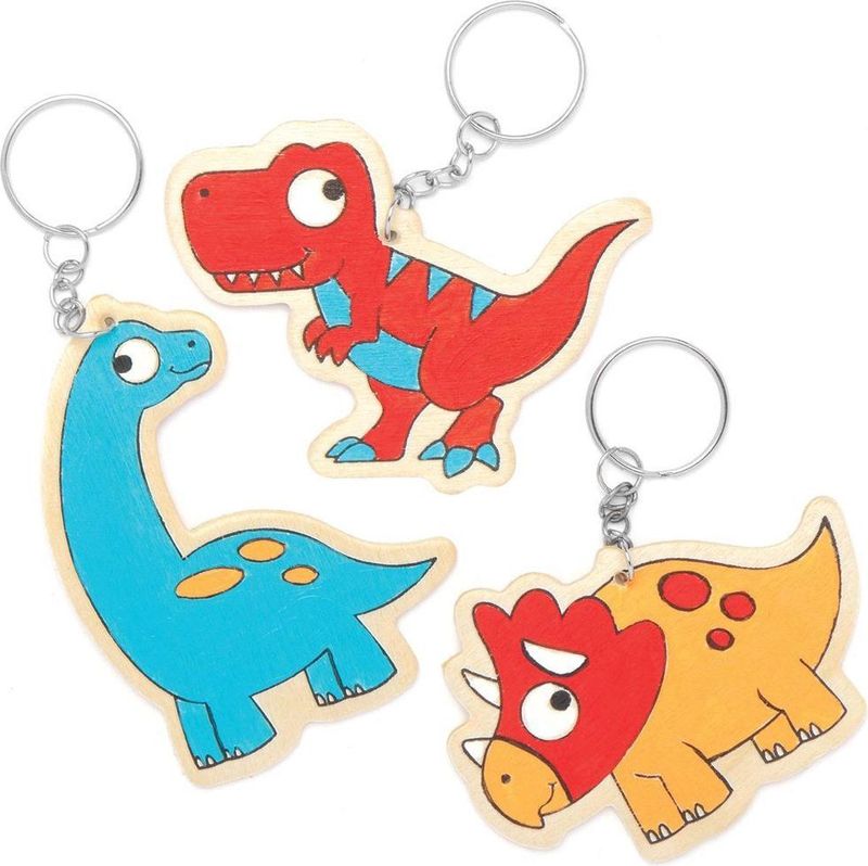 Baker Ross AT671 - Set van 10 Dinosaurushouten Sleutelhangers - Voor Kinderen - Knutselen