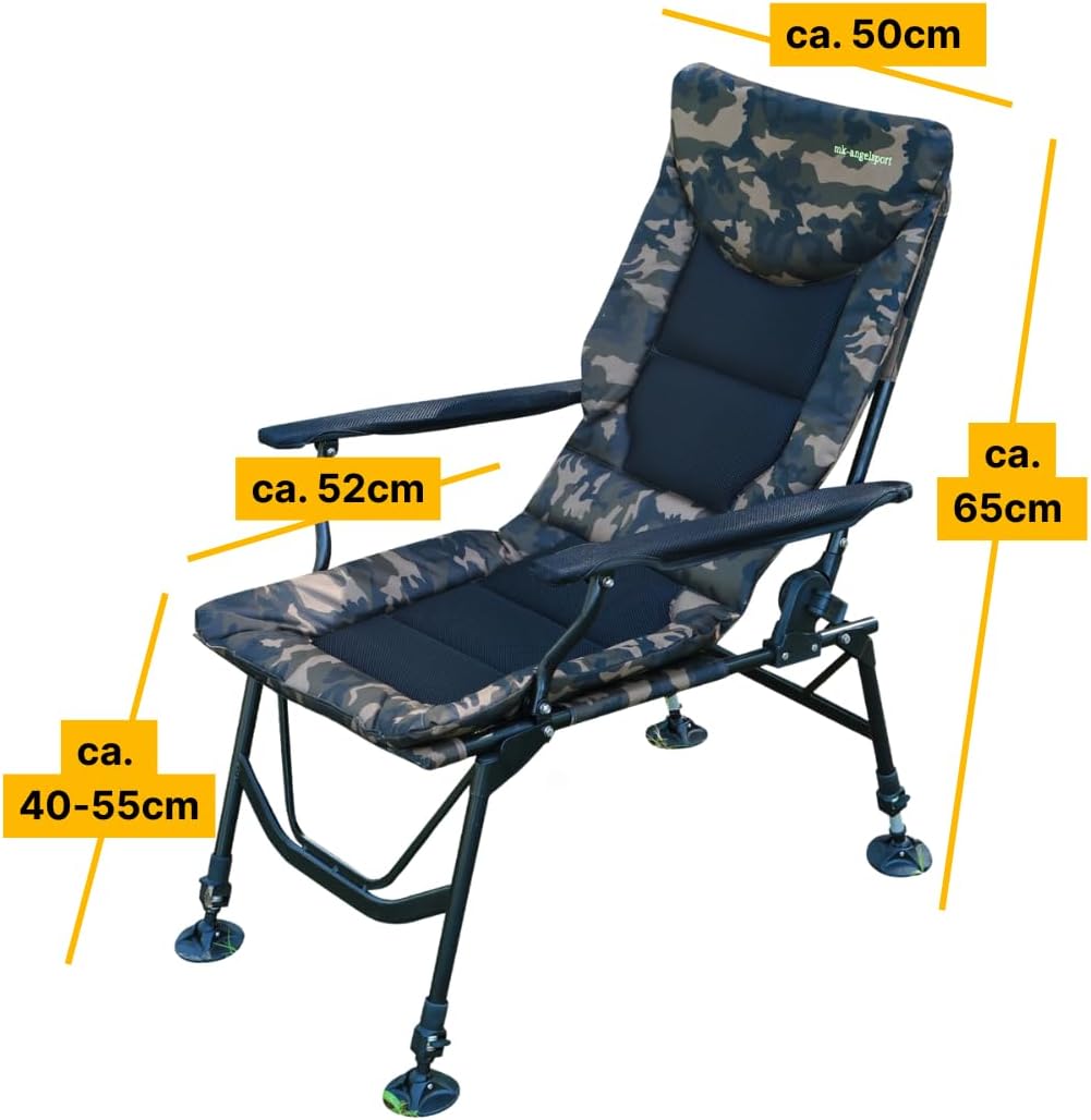 Angelstuhl XL 150kg belastbar, Karpfenstuhl mit Armlehnen, klappbar, bequemer Anglerstuhl mit Armlehne und verstellbarer Sitzhöhe (42cm bis 55cm), Camping Stuhl inkl. extra breiter Sitzfläche