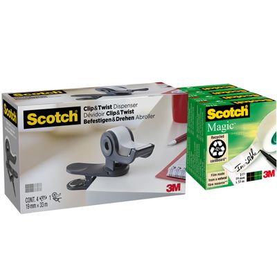 Scotch - Dévidoir Clip & Twist avec 4 rouleaux Scotch Magic 33m