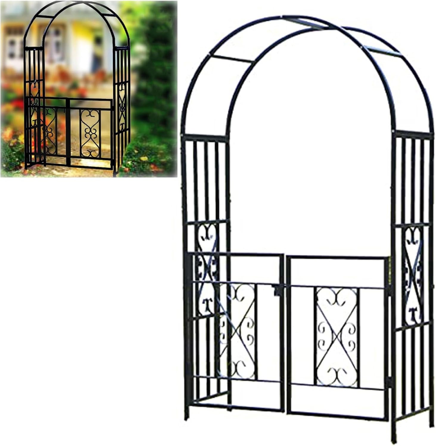 DTGPRO Rosenbogen Torbogen Rankhilfe Mit Tür Metall Spalier Tor Gartenbogen Rankbogen Rankenbogen Rankgitter, Witterungsbeständig, Für Verschiedene Kletterpflanzen, 210x114x52cm Schwarz