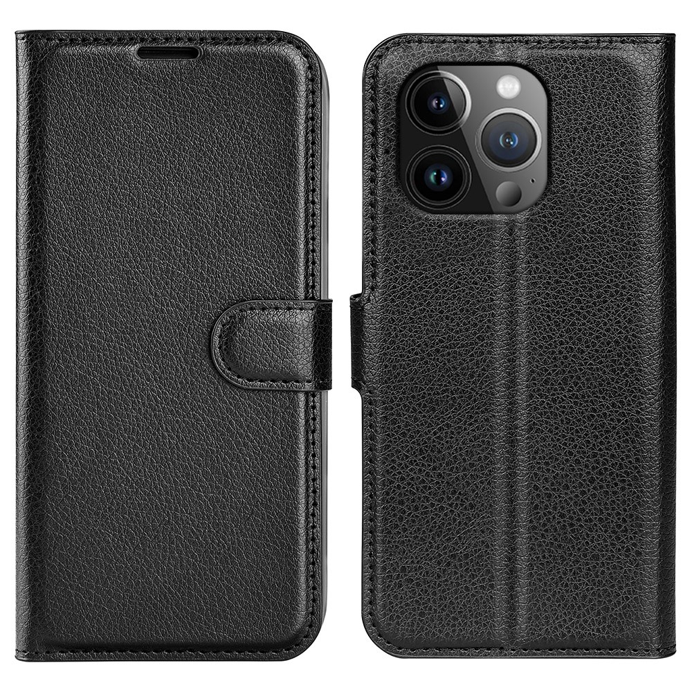 iPhone 15 Pro Max Leder Tasche Flip Cover Litchi Look - Schwarz