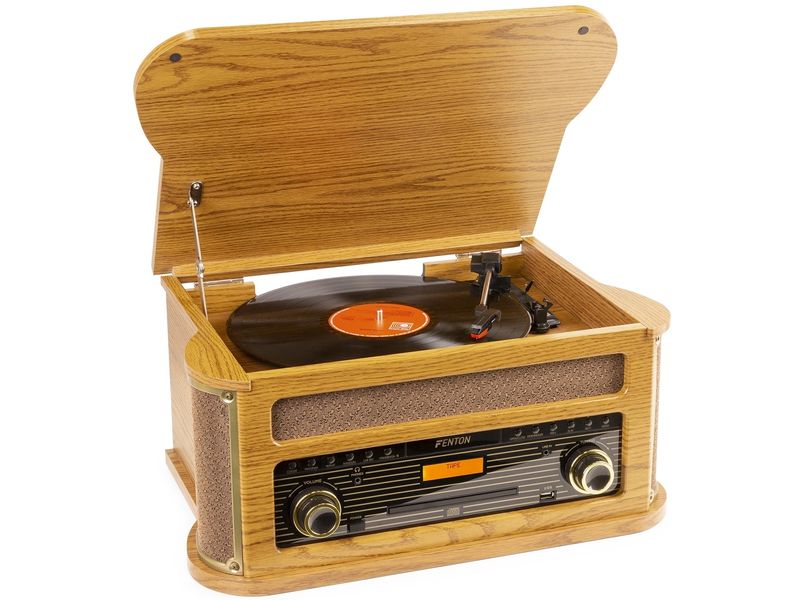 Fenton Plattenspieler Memphis Vintage Hellbraun Retro Plattenspieler mit Radio, Bluetooth, Media-Player und Umwandlungsmöglichkeit für Schallplatten und Kassetten