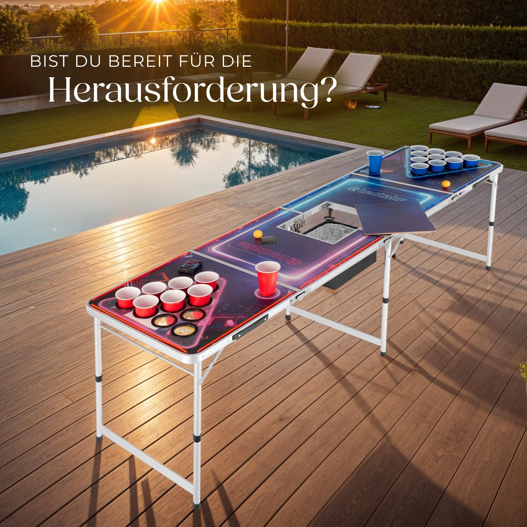 tectake® Bierpongtisch, aus Aluminium, mit Eisfach, Becherlöchern, LED-Beleuchtung, bodenschonende Kunststofffüße, inklusive 100 Bechern, 6 Bällen und Kartentrinkspiel