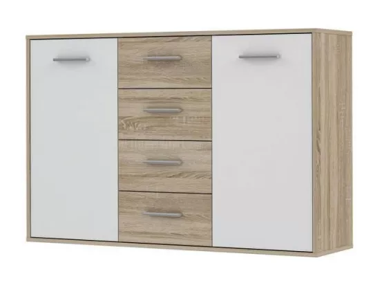 PILVI Buffet bas 2 portes 4 tiroirs - Blanc et chene sonoma - L 122,6 x P 34,2 H 88,1 cm