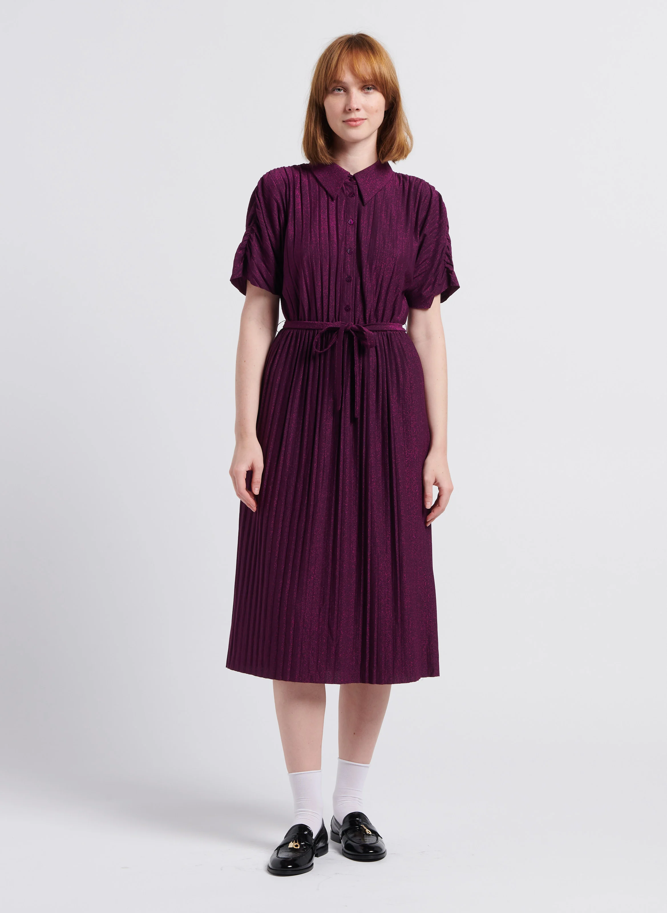 LUXI PLISSÉ - Robe midi col classique plissé à paillette| Violet