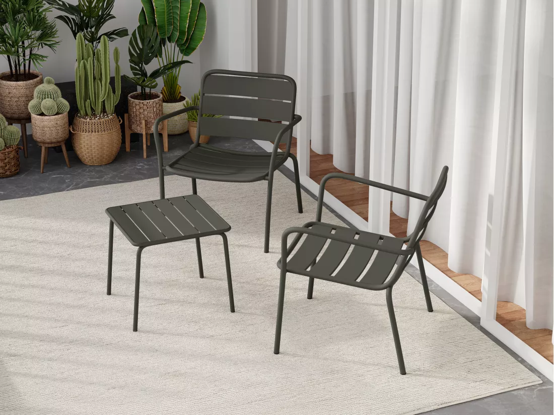 Salon de jardin en métal - 2 fauteuils bas empilables et une table d'appoint carrée - Gris anthracite - MIRMANDE de MYLIA